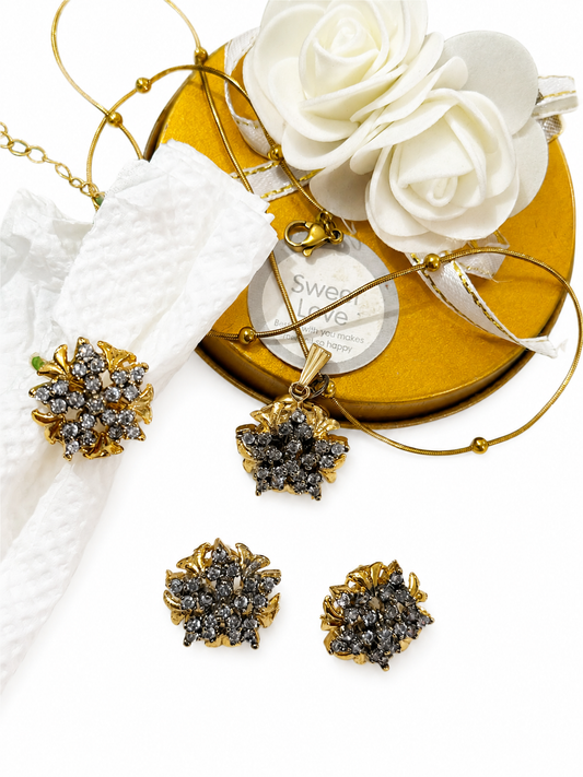 AAS Collection Gold Plated Crystal Jewelry Set for Women – Floral Necklace, Earrings & Ring