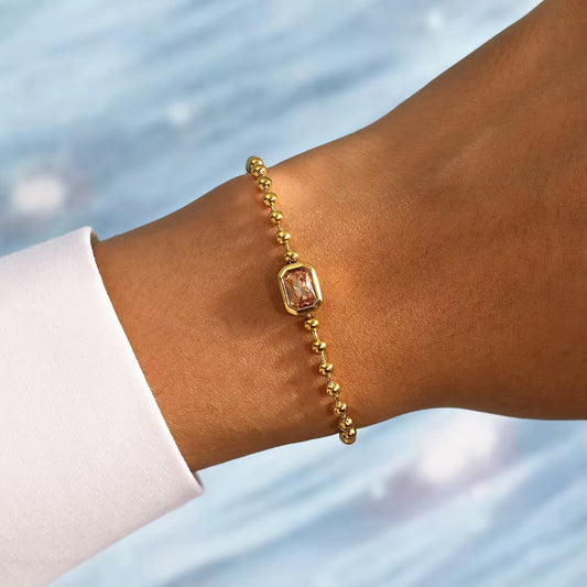 Aas Collection 18K Gold Plated Beaded Chain Bracelet with Pink Crystal Charm | Luxury Anti-Tarnish Ball Chain Jewelry for Women