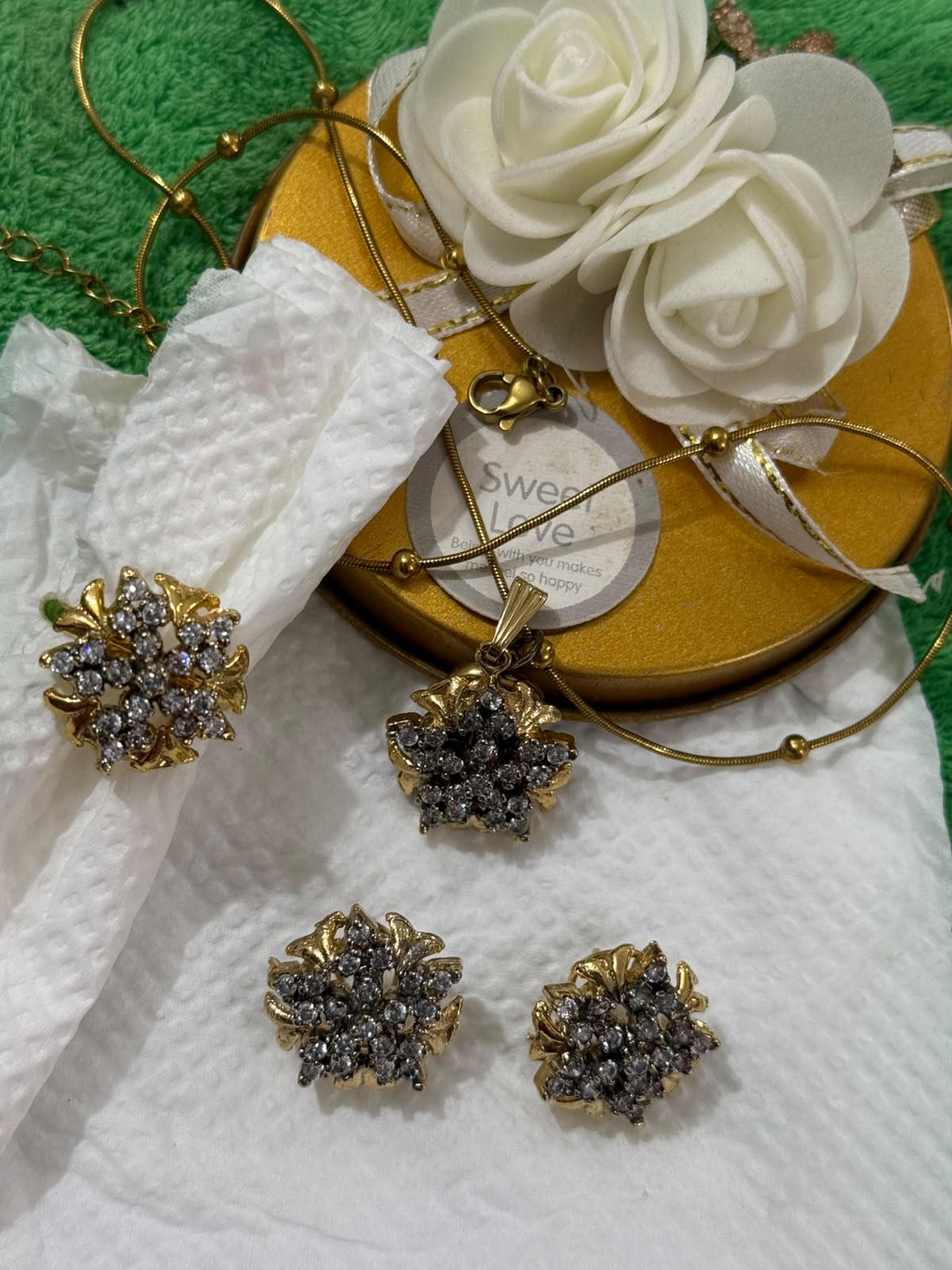 AAS Collection Gold Plated Crystal Jewelry Set for Women – Floral Necklace, Earrings & Ring