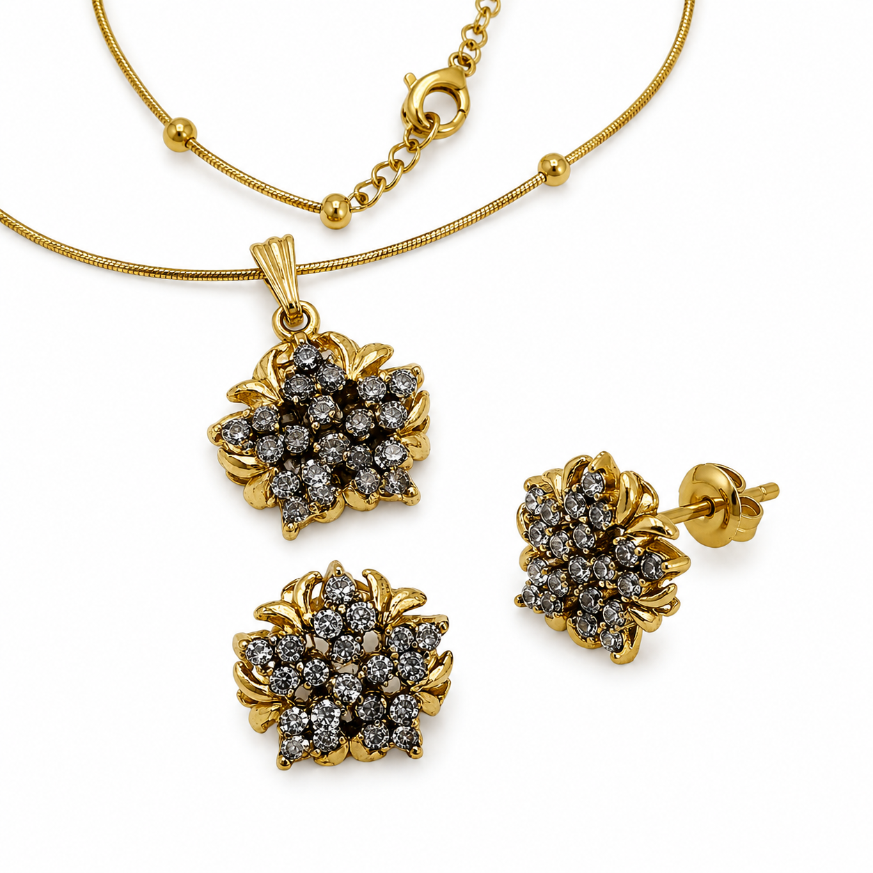 AAS Collection Gold Plated Crystal Jewelry Set for Women – Floral Necklace, Earrings & Ring
