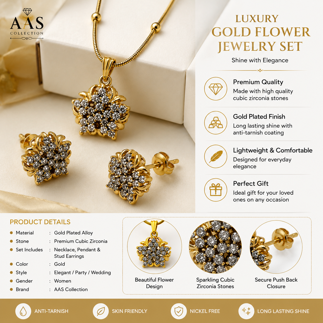 AAS Collection Gold Plated Crystal Jewelry Set for Women – Floral Necklace, Earrings & Ring