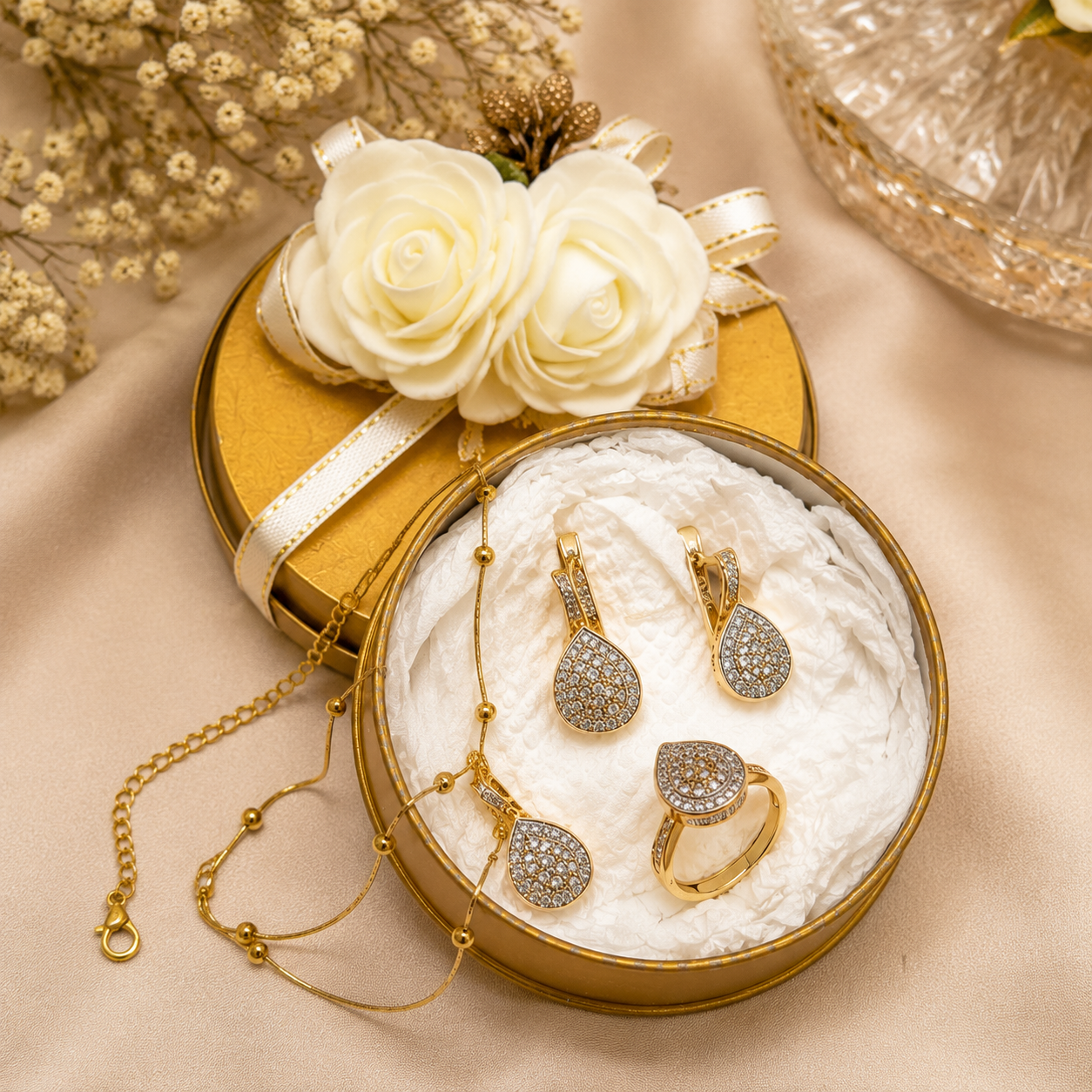 AAS Collection Gold Plated Teardrop Jewelry Set – Crystal Necklace, Earrings & Adjustable Ring
