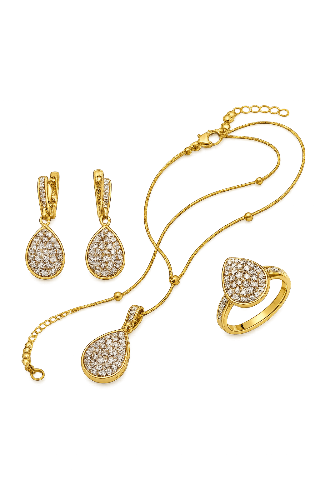 AAS Collection Gold Plated Teardrop Jewelry Set – Crystal Necklace, Earrings & Adjustable Ring