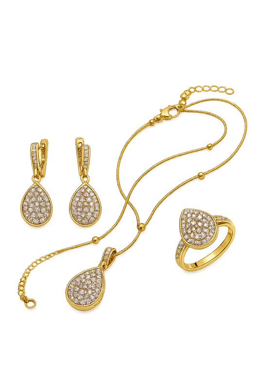 AAS Collection Gold Plated Teardrop Jewelry Set – Crystal Necklace, Earrings & Adjustable Ring