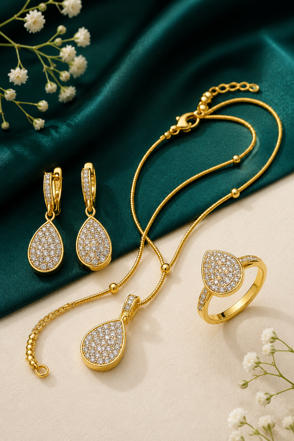 AAS Collection Gold Plated Teardrop Jewelry Set – Crystal Necklace, Earrings & Adjustable Ring