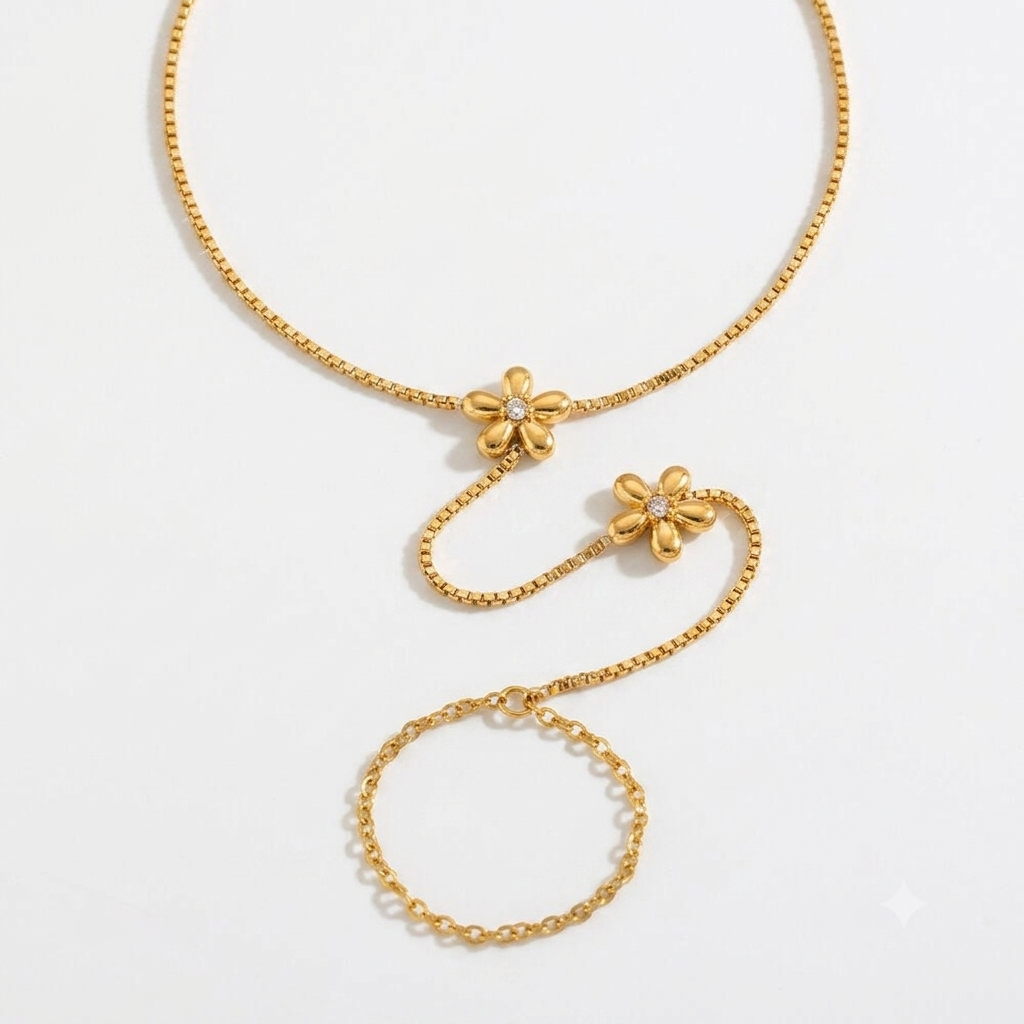AAS Collection Gold Flower Finger Bracelet - Stainless Steel Hand Chain