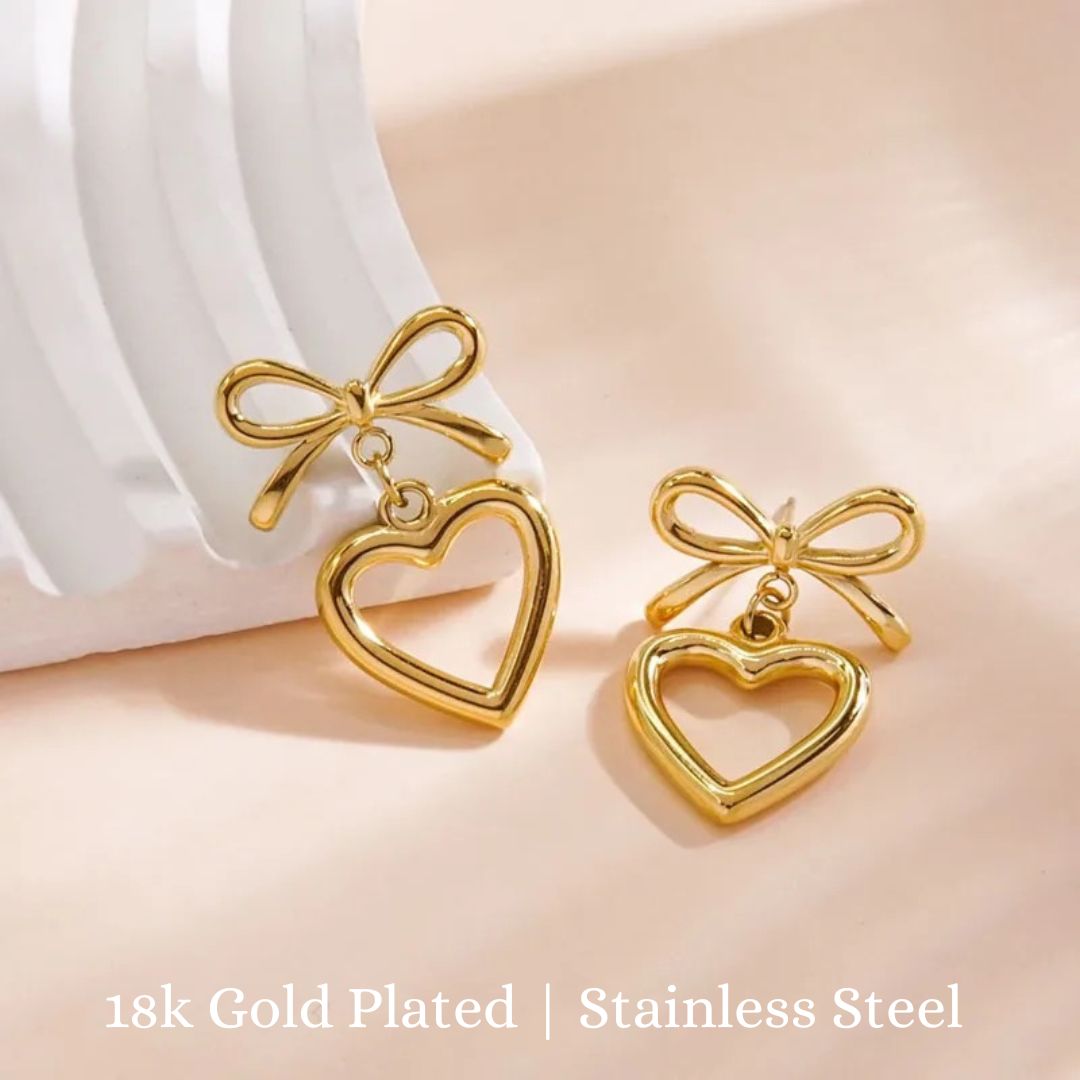 Bow Heart Drop Earrings – 18K Gold Plated Stainless Steel | AAS Collection