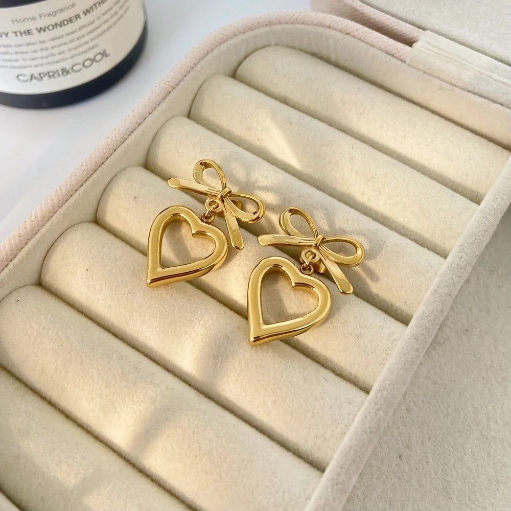 Bow Heart Drop Earrings – 18K Gold Plated Stainless Steel | AAS Collection