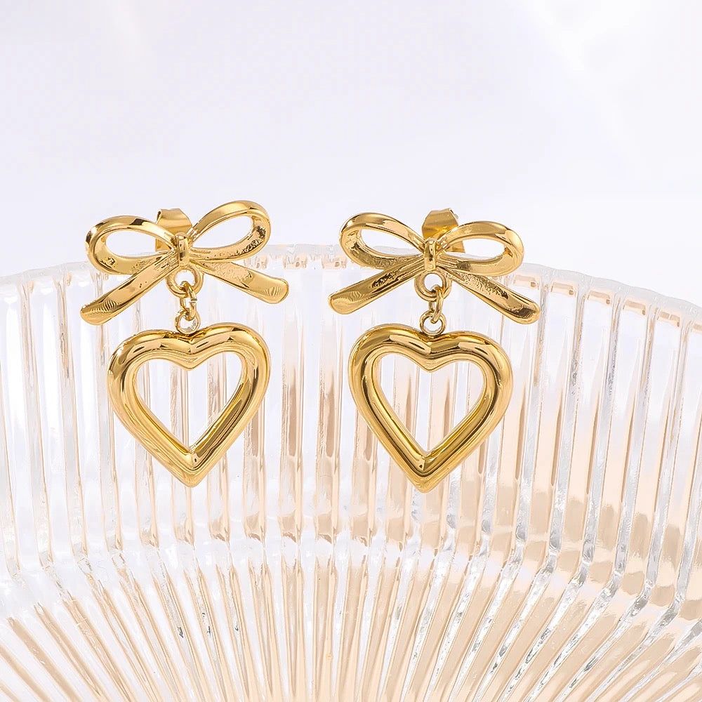 Bow Heart Drop Earrings – 18K Gold Plated Stainless Steel | AAS Collection