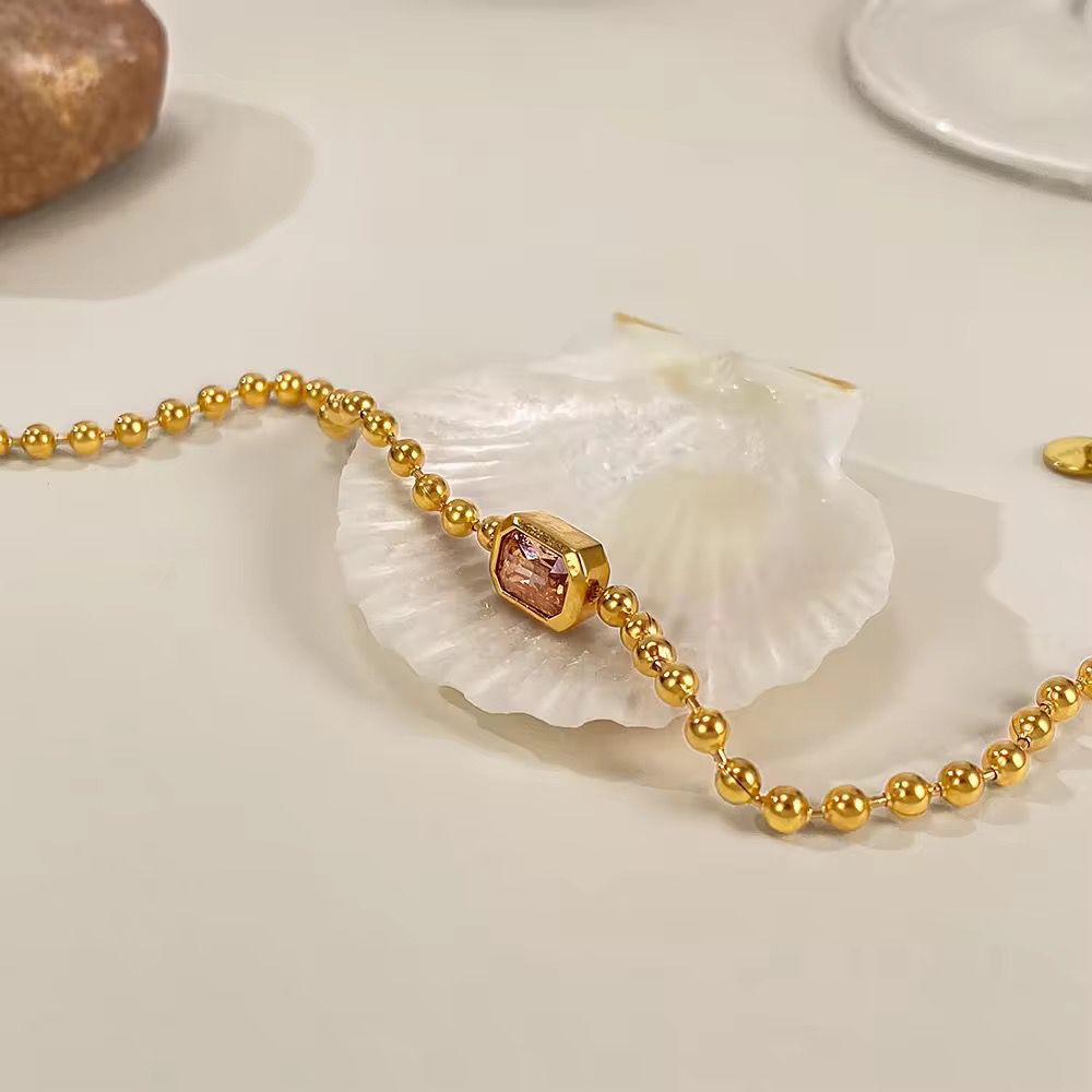 Aas Collection 18K Gold Plated Beaded Chain Bracelet with Pink Crystal Charm | Luxury Anti-Tarnish Ball Chain Jewelry for Women