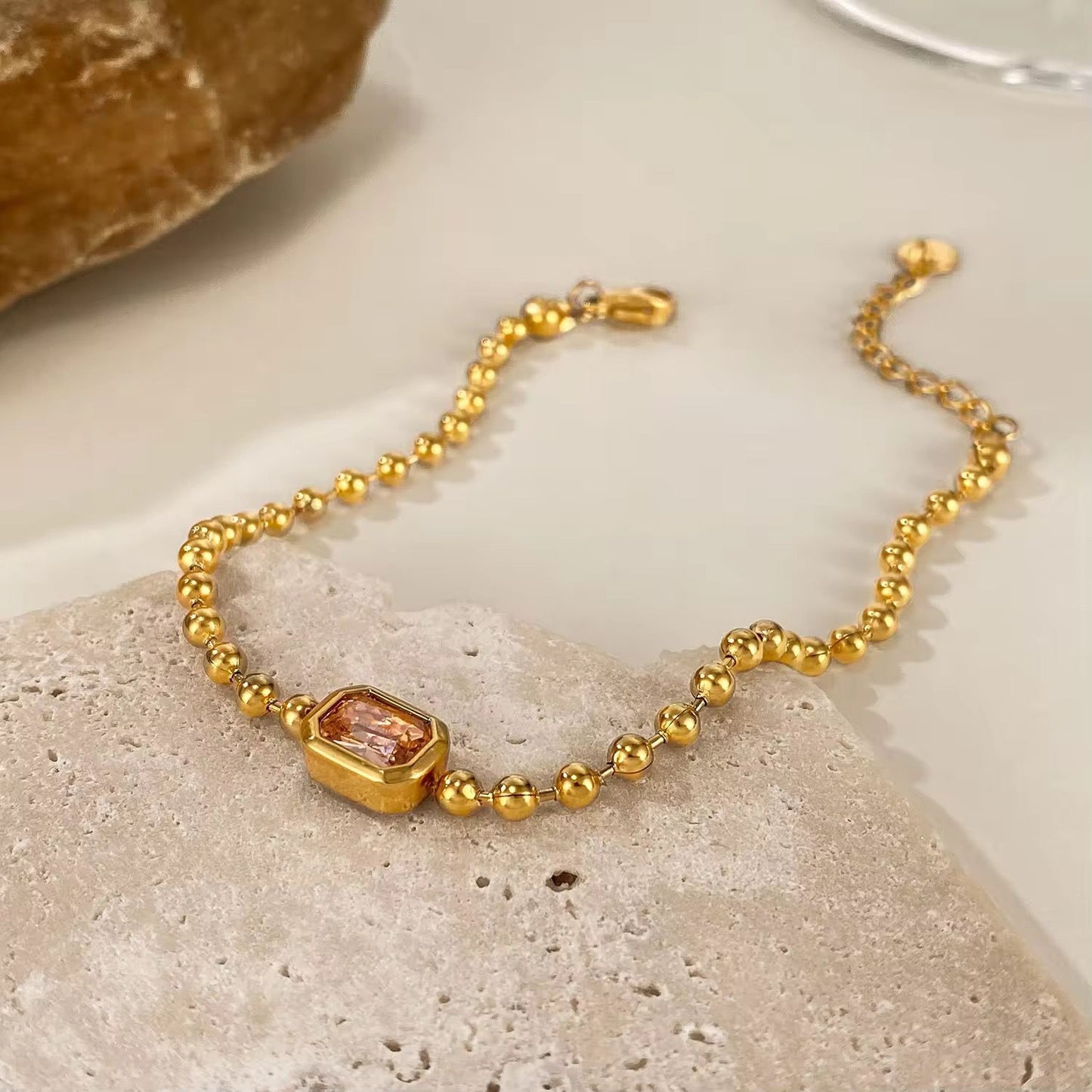 Aas Collection 18K Gold Plated Beaded Chain Bracelet with Pink Crystal Charm | Luxury Anti-Tarnish Ball Chain Jewelry for Women