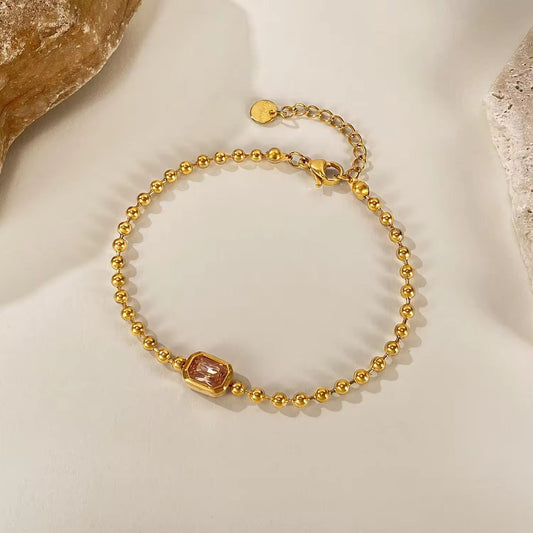 Aas Collection 18K Gold Plated Beaded Chain Bracelet with Pink Crystal Charm | Luxury Anti-Tarnish Ball Chain Jewelry for Women