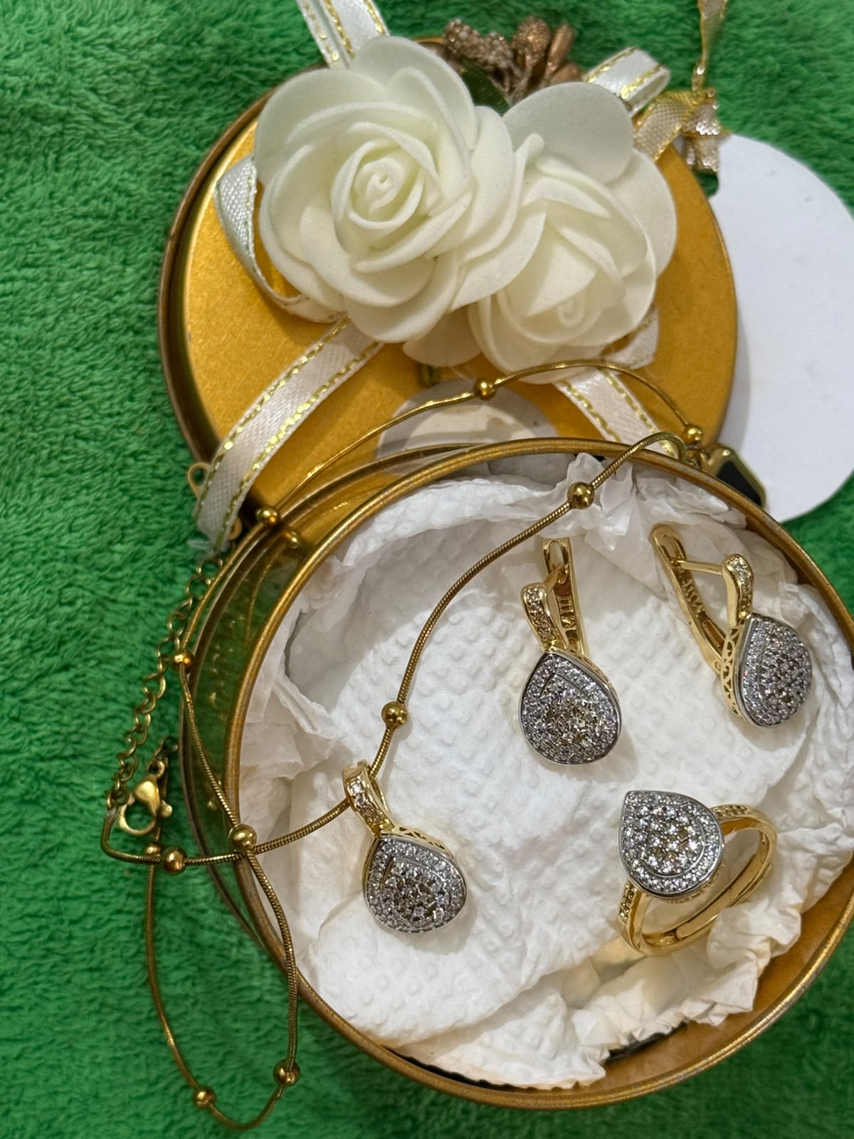 AAS Collection Gold Plated Teardrop Jewelry Set – Crystal Necklace, Earrings & Adjustable Ring
