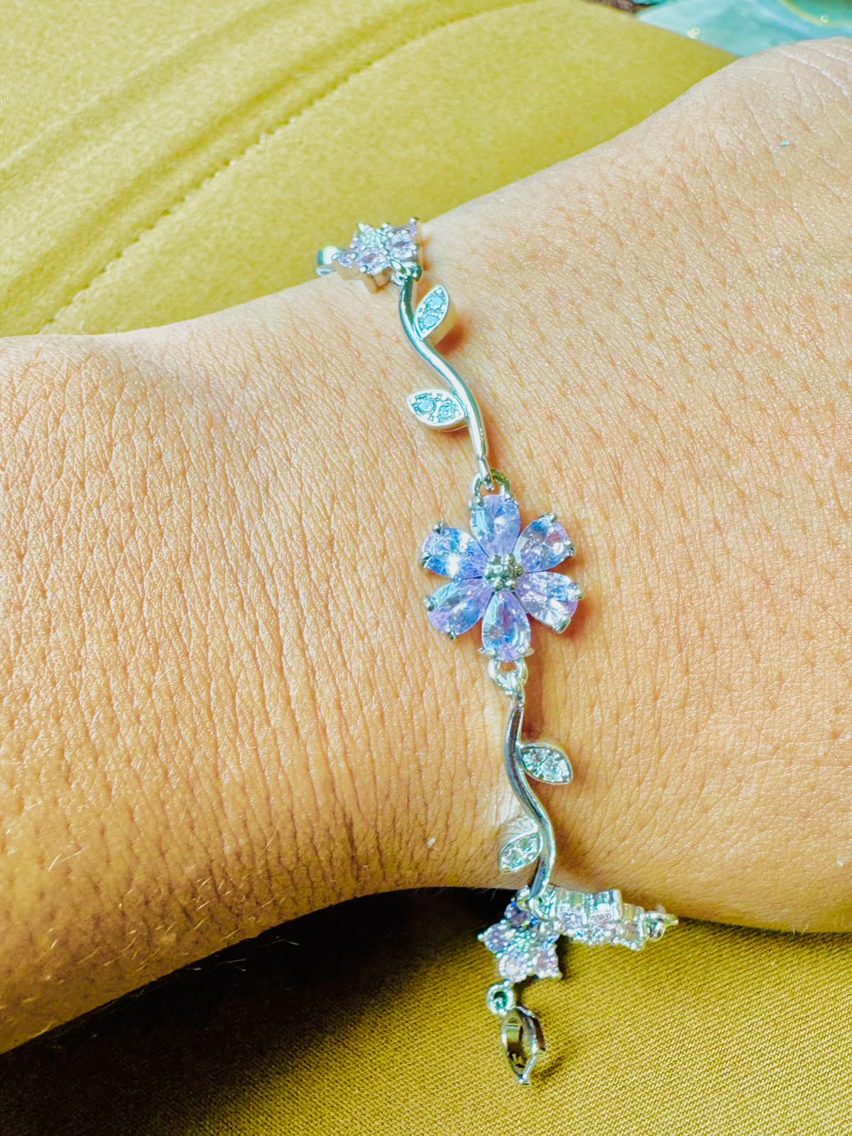 Aas Collection Blue Floral Crystal Bracelet for Women | Elegant Silver-Tone Leaf Design Jewelry